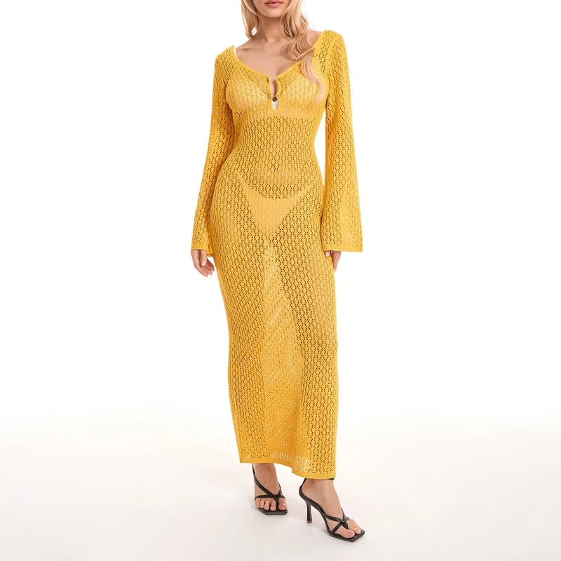 Yiiciovy Sexy Women Long Knit Beach Dress Hollow-Out Deep V-Neck Long Sleeve Bikini Cover-Ups Dress Fall Backless Holiday Dress - 3KDyn